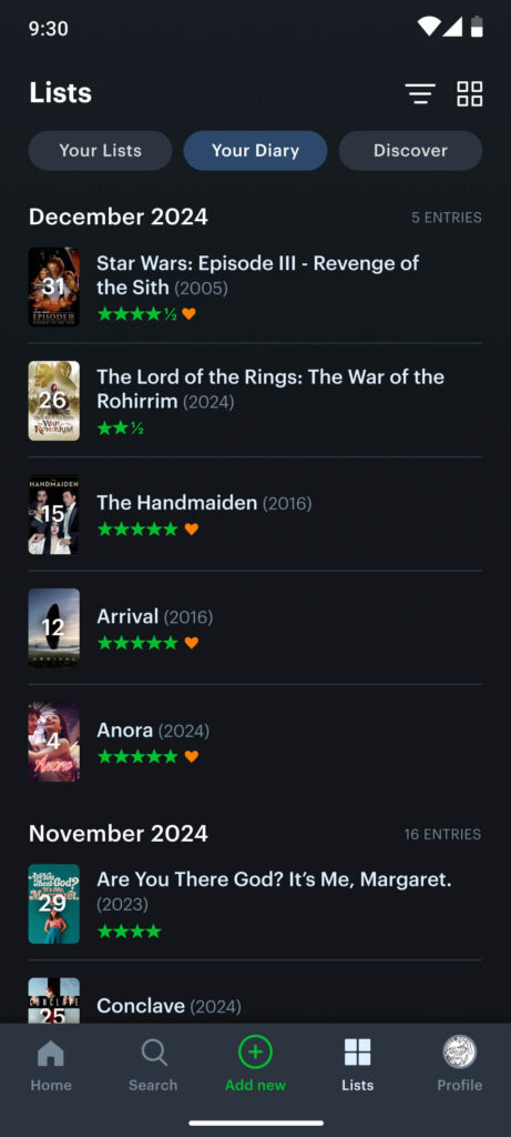 Diary List of the redesigned letterboxd app