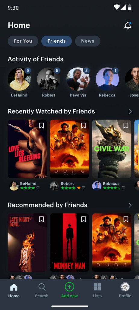 Friends section of the redesigned letterboxd app