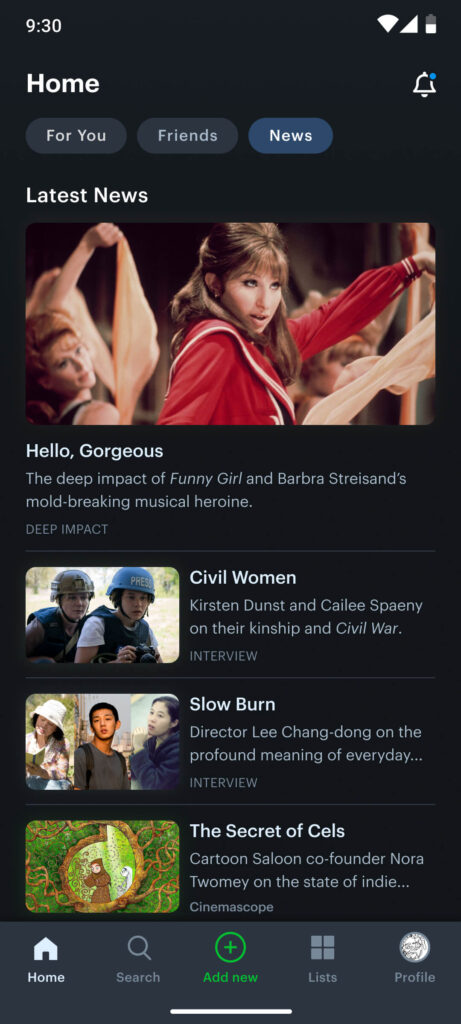 News section of the redesigned letterboxd app