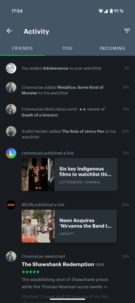 Friends activity tab of the old letterboxd app