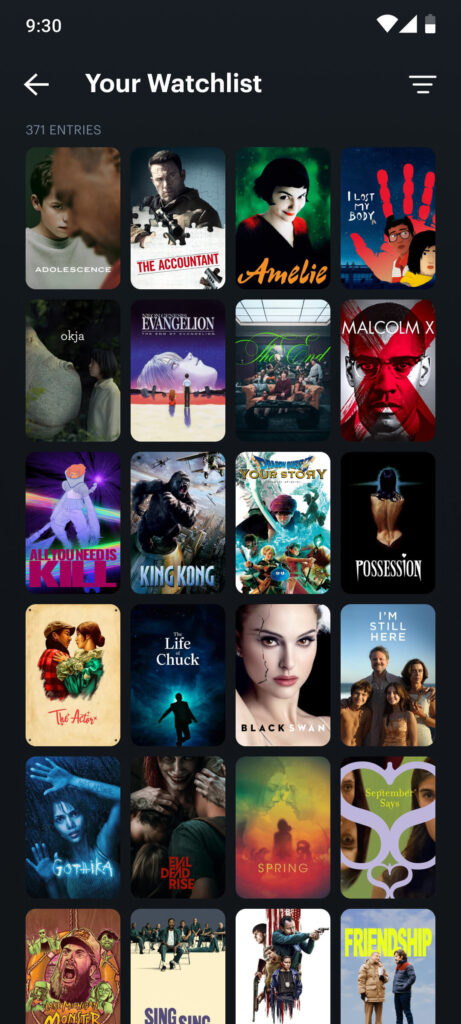 Watchlist of the redesigned letterboxd app