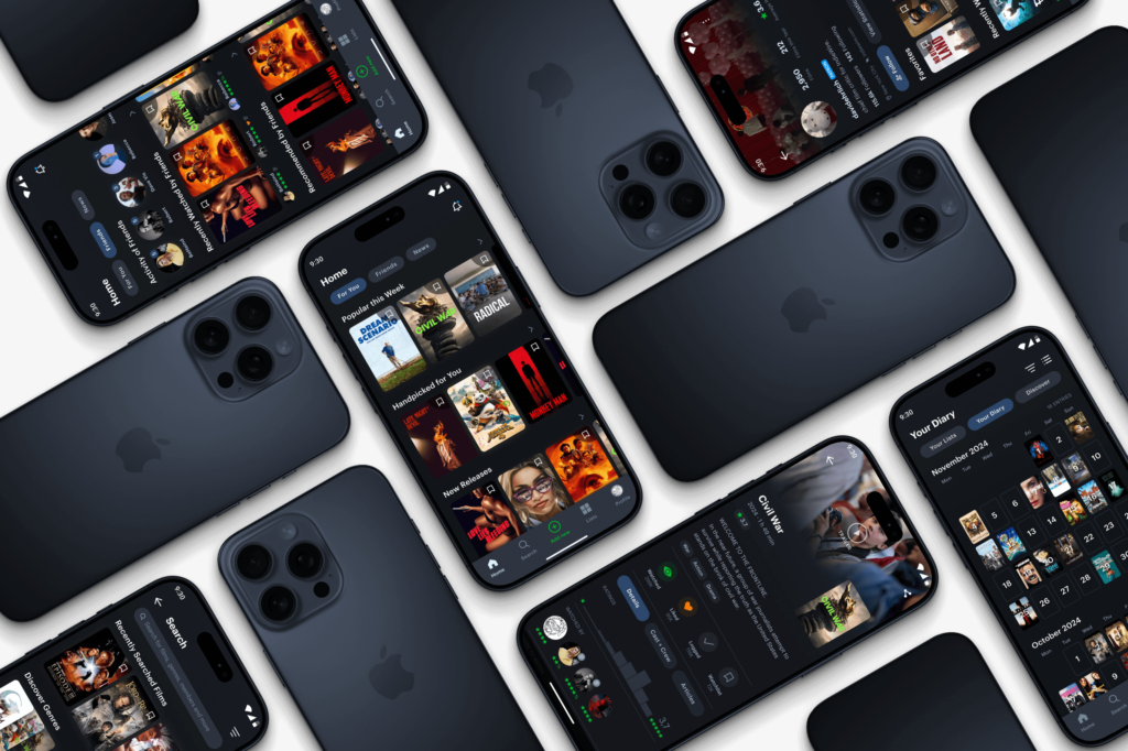 A collection of different views of my redesigned letterboxd app