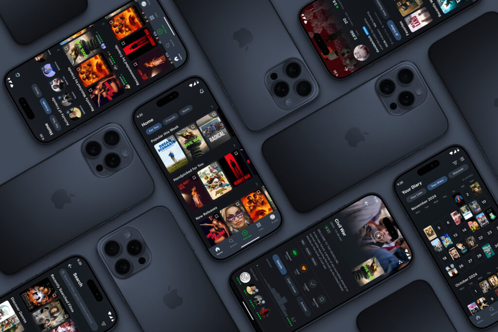 A collection of different views of my redesigned letterboxd app