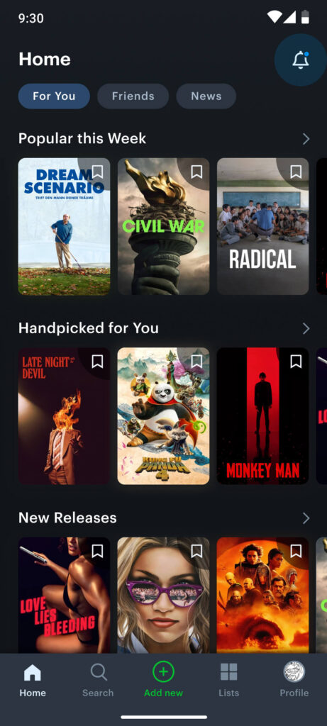 Home screen of the redesigned letterboxd app with highlighted notifications icon