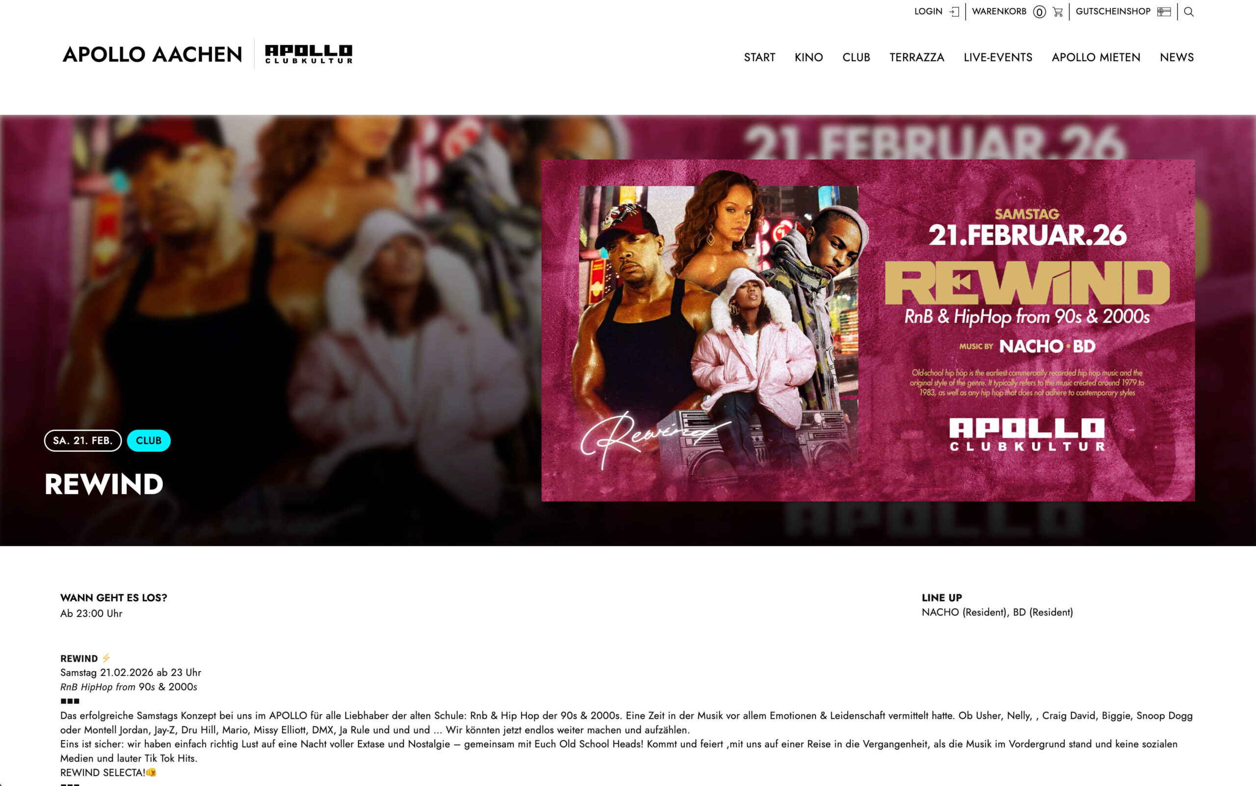 Detailseite eines Events im Apollo Aachen