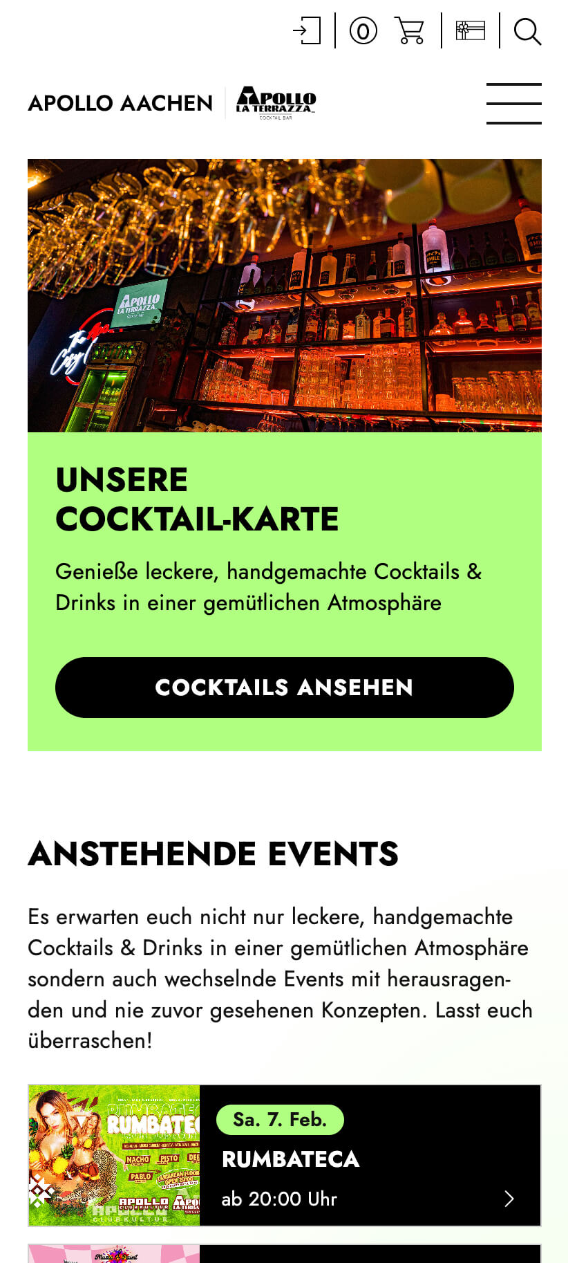 Ausschnitt der Terrazza-Seite des Apollo Aachen in der Mobile-Ansicht