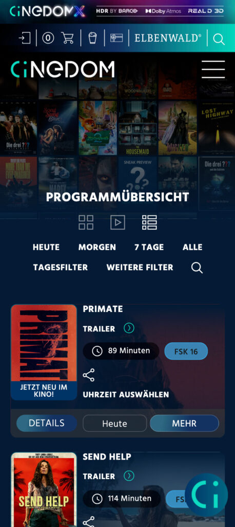 Programmübersicht des Cinedom in der Mobile-Ansicht