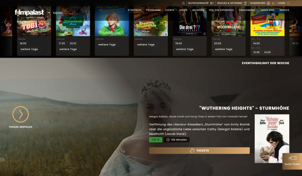 Abschnitt der Startseite des Filmpalast Kassel