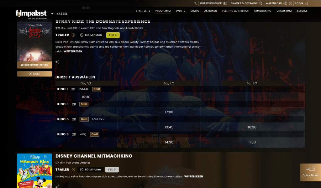 Programmübersicht des Filmpalast Kassel