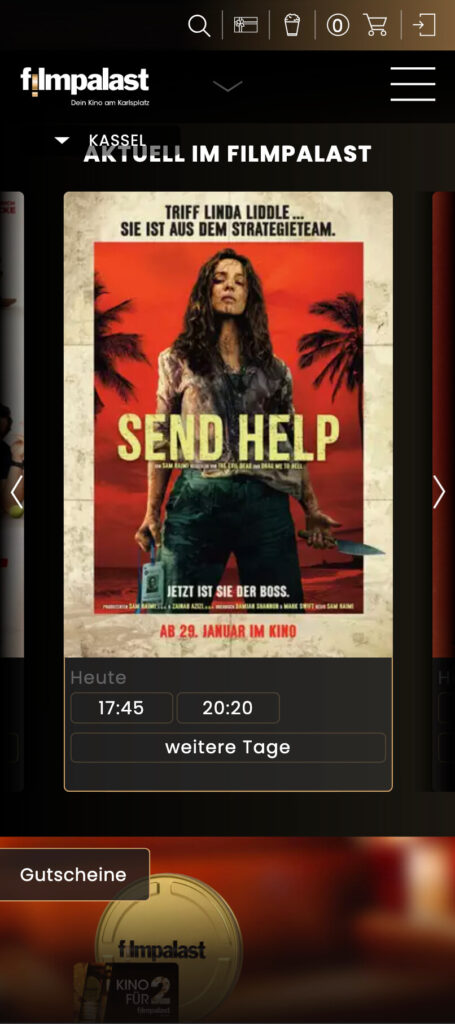 Startseite des Filmpalast Kassel in der Mobile-Ansicht